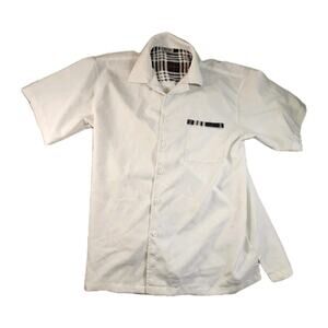 Men’s 4XL White Short Sleeve Button Up Shirt Plaid Trim Casual Lightweight